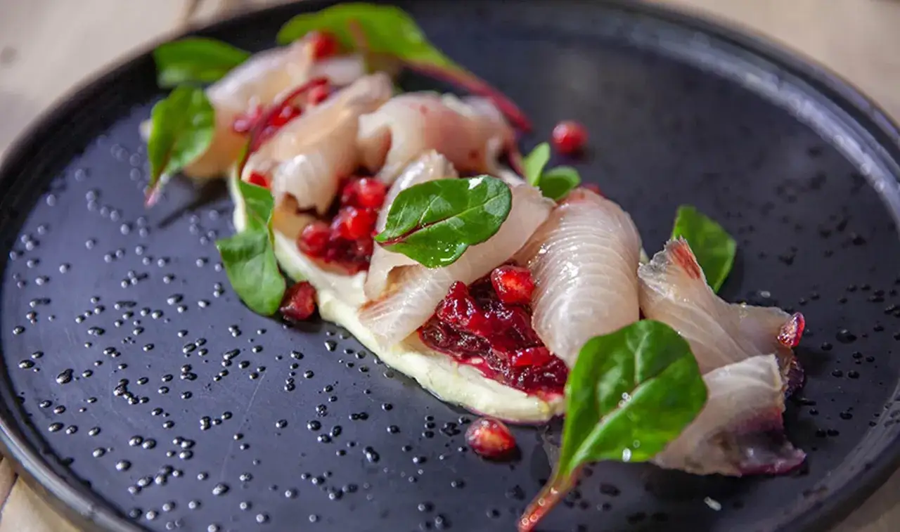 Fein geschnittener Fisch mit Granatapfelkernen und gr&uuml;nen Bl&auml;ttern auf schwarzer Platte. Ein Gericht, das zeigt, wie man mit Gin kochen kann.