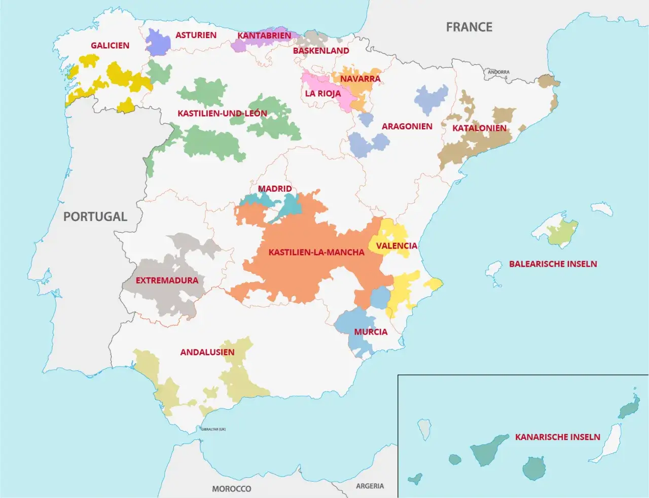 Karte der spanischen Weinanbaugebiete: von Galicien bis Andalusien, &uuml;ber Kastilien und La Mancha, bis zu den Balearen und Kanaren.