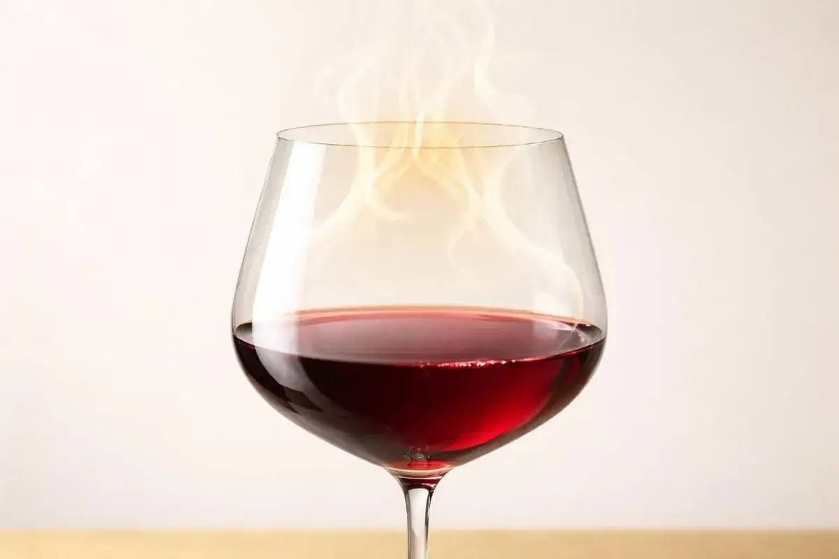 Ein Glas Rotwein mit aufsteigendem Dampf, der den intensiven Pinot Noir Geschmack andeutet.