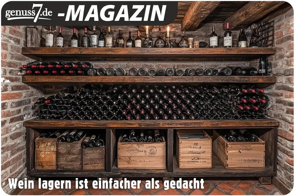 Holzregale mit zahlreichen Weinflaschen, teils liegend, teils stehend in Holzkisten. Wein lagern ist einfacher als gedacht.