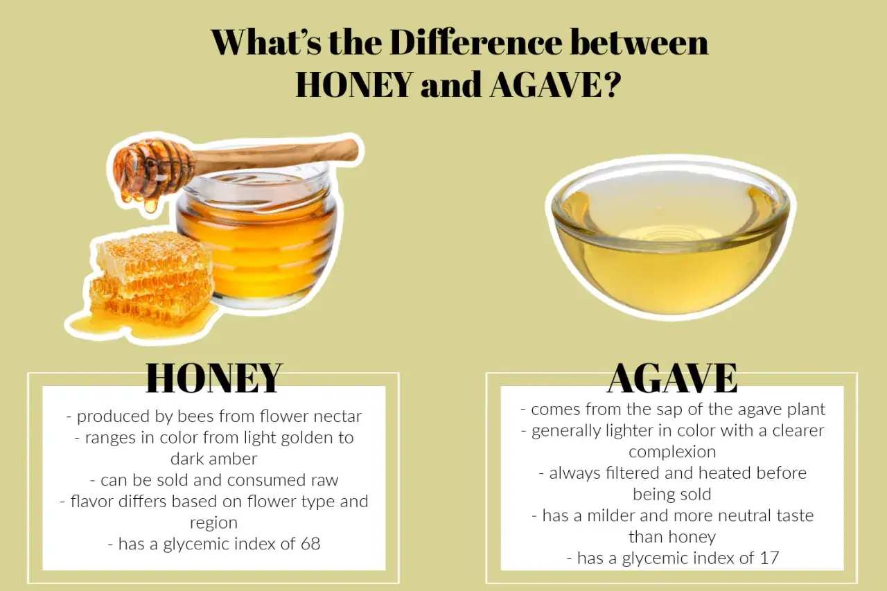 Gegen&uuml;berstellung von Honig und Agavendicksaft: Honig von Bienen, Agavendicksaft aus Agavensaft.
