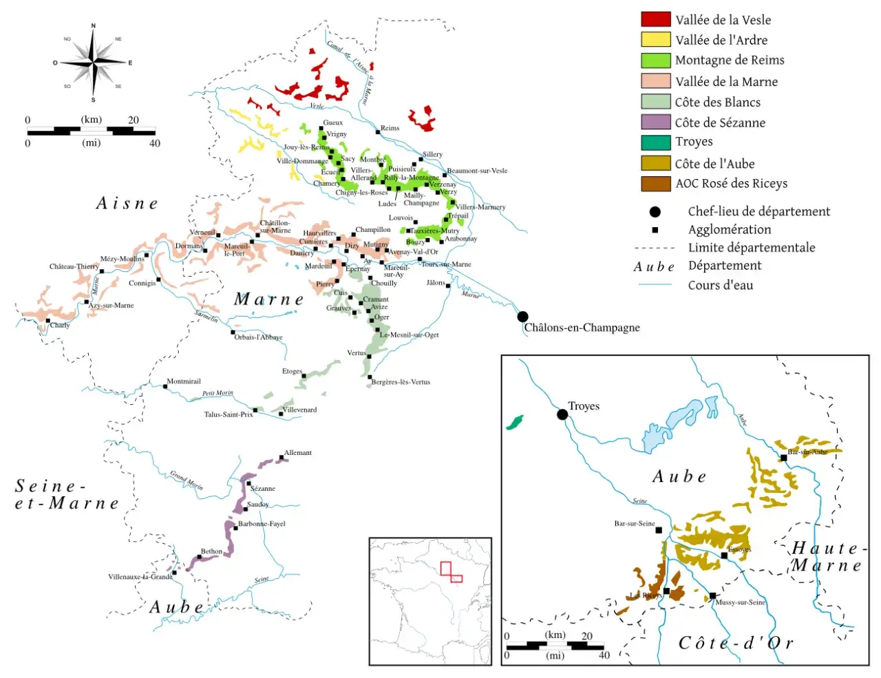 Woher kommt Champagner? Karte zeigt Weinanbaugebiete in der Champagne, u.a. Montagne de Reims, Côte des Blancs, Vallée de la Marne.