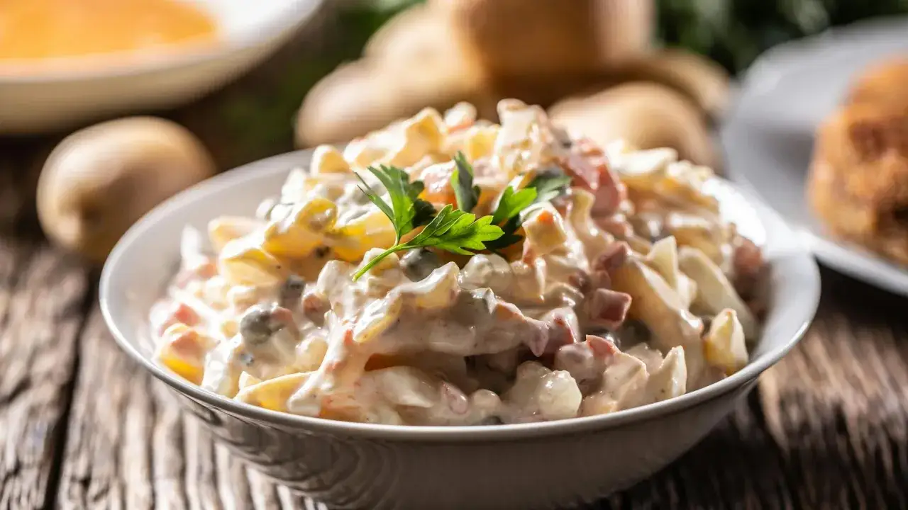Cremiger Kartoffelsalat, ein Klassiker der Landfrauen f&uuml;r Salate zum Grillen, garniert mit Petersilie.