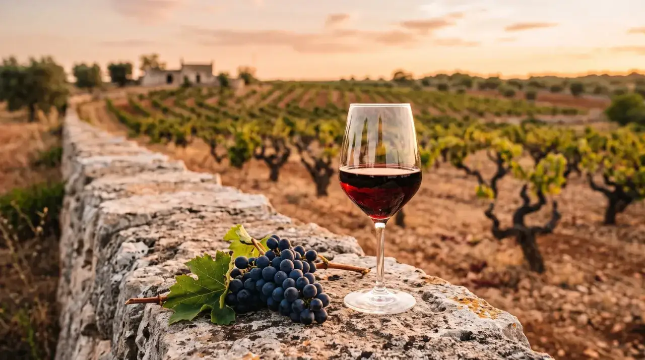 Ein Glas Rotwein und frische Trauben auf einer Steinmauer vor einem Weinberg bei Sonnenuntergang. Perfekt für Liebhaber von Rotwein Sorten.