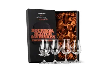 Set mit vier Gläsern für Bourbon, Scotch & Whiskey. Die Box erklärt, was bedeutet Bourbon: ein amerikanischer Whiskey.