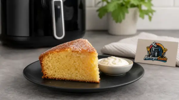 Ein saftiges Stück Kuchen im Airfryer, serviert mit Sahne. Perfekt für süße Momente!